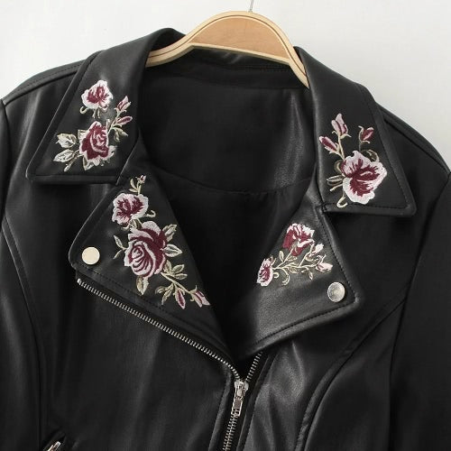 Women PU Leather Jacket Floral Embroidery Zipper Biker Jacket