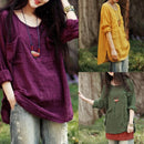 New Korean Women Loose Cotton Casual Long Sleeve Ethnic Vintage Solid T-Shirt Top Tunic Dress