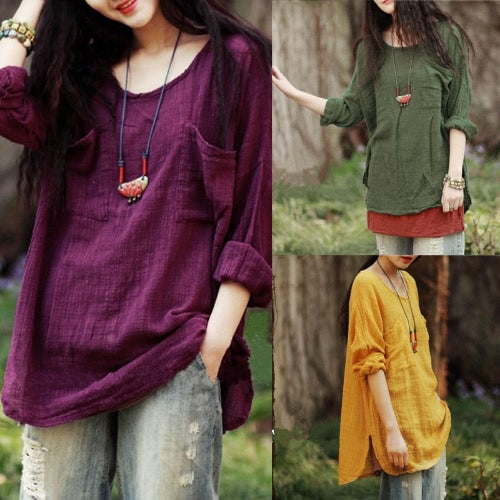 New Korean Women Loose Cotton Casual Long Sleeve Ethnic Vintage Solid T-Shirt Top Tunic Dress