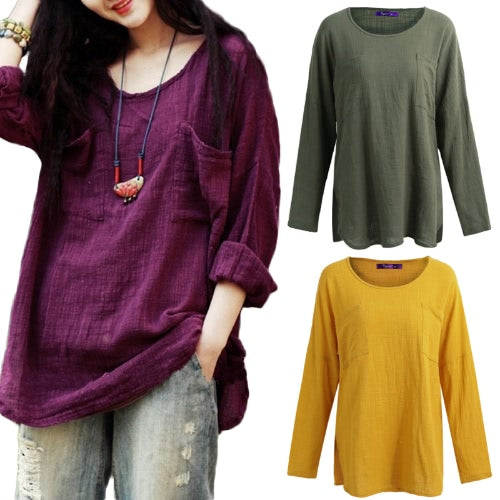 New Korean Women Loose Cotton Casual Long Sleeve Ethnic Vintage Solid T-Shirt Top Tunic Dress