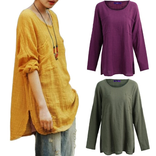 New Korean Women Loose Cotton Casual Long Sleeve Ethnic Vintage Solid T-Shirt Top Tunic Dress