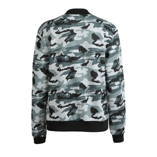 Autumn Winter Women Camouflage Bomber Jacket Zipper Baseball Coat Casual Streetwear Outerwear Grey/Army Green