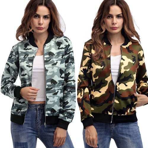 Autumn Winter Women Camouflage Bomber Jacket Zipper Baseball Coat Casual Streetwear Outerwear Grey/Army Green