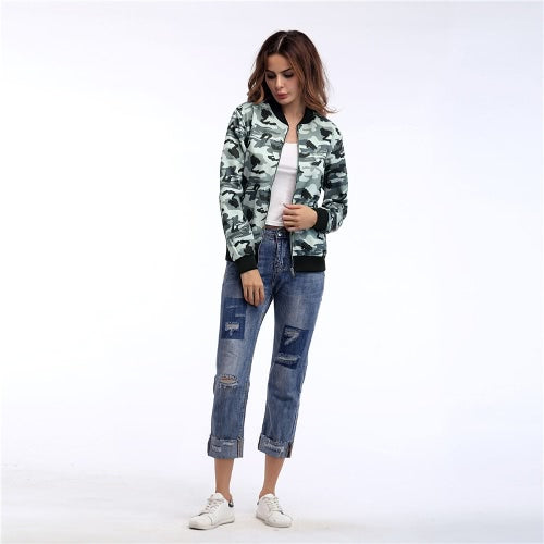 Autumn Winter Women Camouflage Bomber Jacket Zipper Baseball Coat Casual Streetwear Outerwear Grey/Army Green