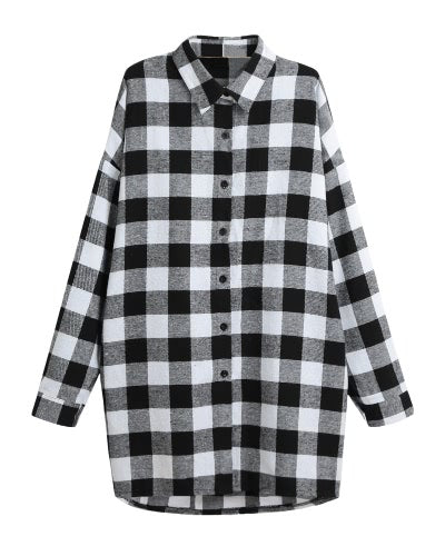 Women Cotton Plaid Shirt Dress Long Sleeve Irregular Plus Size Casual Check Tunic Long Blouse Top Black/Red