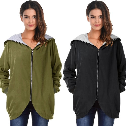 Women Autumn Winter Hoodies Zip Up Long Sleeve Plus Size Loose Jacket Hooded Coat Cardigan Parka Black/Army Green