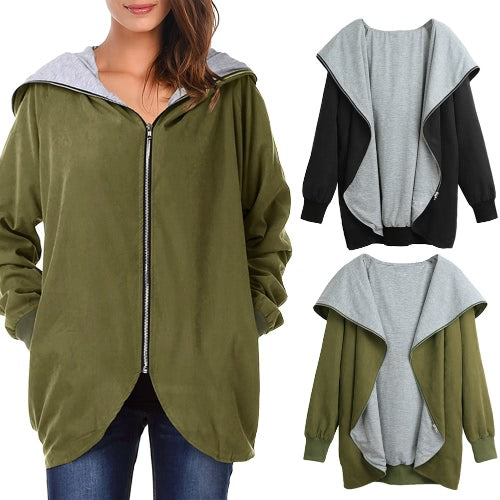 Women Autumn Winter Hoodies Zip Up Long Sleeve Plus Size Loose Jacket Hooded Coat Cardigan Parka Black/Army Green