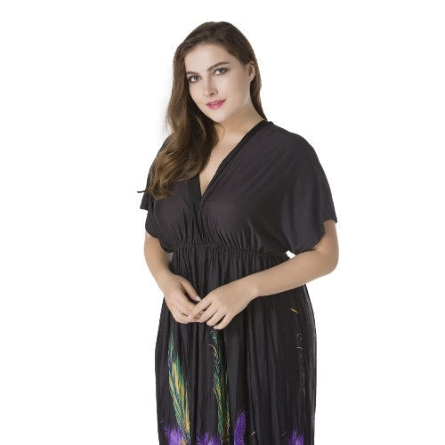 Sexy Women Plunge V Neck Print Plus Size Dress Ruched Big Size Maxi Party Dress Black