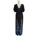 Sexy Women Plunge V Neck Print Plus Size Dress Ruched Big Size Maxi Party Dress Black