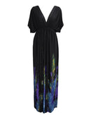 Sexy Women Plunge V Neck Print Plus Size Dress Ruched Big Size Maxi Party Dress Black