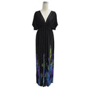 Sexy Women Plunge V Neck Print Plus Size Dress Ruched Big Size Maxi Party Dress Black