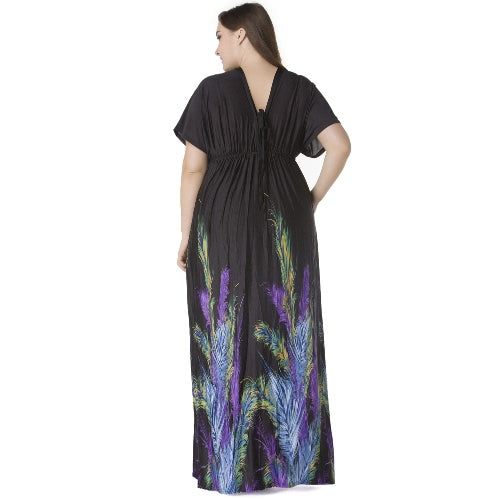 Sexy Women Plunge V Neck Print Plus Size Dress Ruched Big Size Maxi Party Dress Black