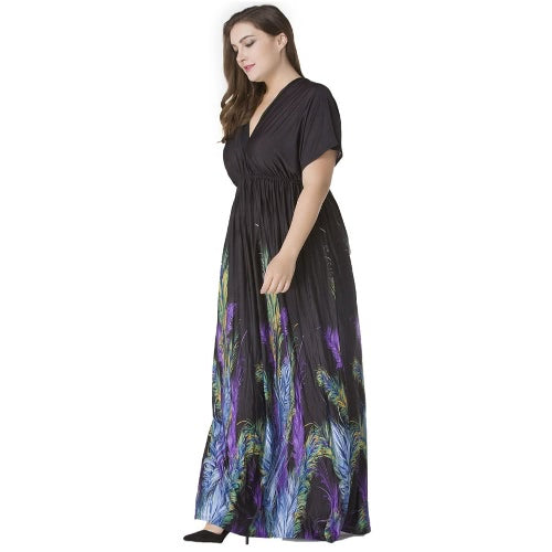 Sexy Women Plunge V Neck Print Plus Size Dress Ruched Big Size Maxi Party Dress Black