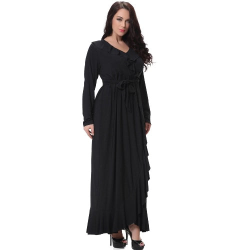 Sexy Women V Neck Long Sleeves Plus Size Dress Ruffles Irregular Hem Big Size Solid Maxi Dress Black