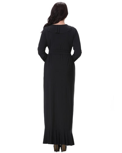 Sexy Women V Neck Long Sleeves Plus Size Dress Ruffles Irregular Hem Big Size Solid Maxi Dress Black