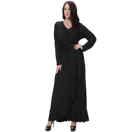 Sexy Women V Neck Long Sleeves Plus Size Dress Ruffles Irregular Hem Big Size Solid Maxi Dress Black