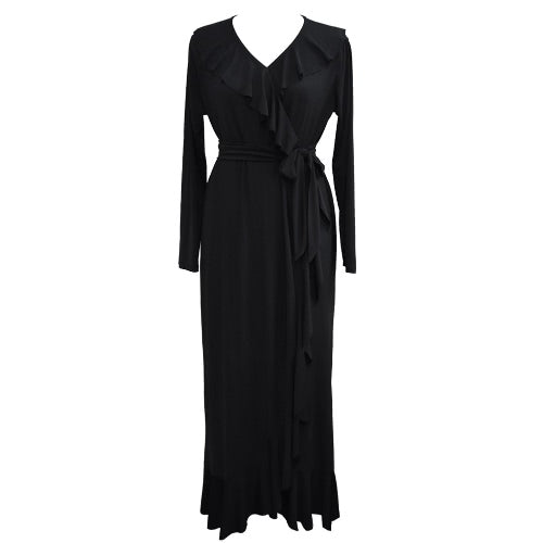 Sexy Women V Neck Long Sleeves Plus Size Dress Ruffles Irregular Hem Big Size Solid Maxi Dress Black