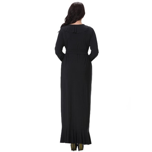 Sexy Women V Neck Long Sleeves Plus Size Dress Ruffles Irregular Hem Big Size Solid Maxi Dress Black