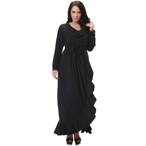 Sexy Women V Neck Long Sleeves Plus Size Dress Ruffles Irregular Hem Big Size Solid Maxi Dress Black