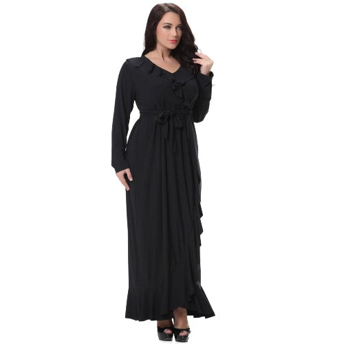 Sexy Women V Neck Long Sleeves Plus Size Dress Ruffles Irregular Hem Big Size Solid Maxi Dress Black