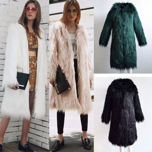 Women Faux Fur Jacket Solid Color Hooded Long Sleeve Fluffy Hairy Warm Winter Slim Long Outerwear