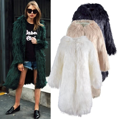 Women Faux Fur Jacket Solid Color Hooded Long Sleeve Fluffy Hairy Warm Winter Slim Long Outerwear