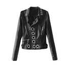 Women Autumn Hollow Out Leather Motorcycle Jacket Slim Style Long Sleeve Hole Short Outerwear Coat Black/Pink/Blue