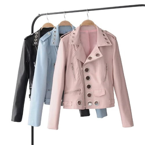 Women Autumn Hollow Out Leather Motorcycle Jacket Slim Style Long Sleeve Hole Short Outerwear Coat Black/Pink/Blue