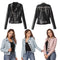 Women Autumn Hollow Out Leather Motorcycle Jacket Slim Style Long Sleeve Hole Short Outerwear Coat Black/Pink/Blue