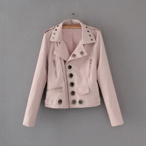 Women Autumn Hollow Out Leather Motorcycle Jacket Slim Style Long Sleeve Hole Short Outerwear Coat Black/Pink/Blue