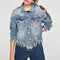 Women Denim Jacket Floral Embroidery Ripped Fringe Long Sleeve Casual Loose Jeans Coat Outerwear Blue