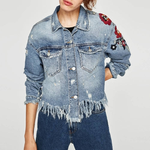 Women Denim Jacket Floral Embroidery Ripped Fringe Long Sleeve Casual Loose Jeans Coat Outerwear Blue