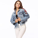 Women Denim Jacket Floral Embroidery Ripped Fringe Long Sleeve Casual Loose Jeans Coat Outerwear Blue