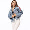 Women Denim Jacket Floral Embroidery Ripped Fringe Long Sleeve Casual Loose Jeans Coat Outerwear Blue