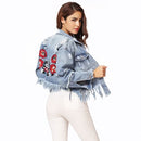 Women Denim Jacket Floral Embroidery Ripped Fringe Long Sleeve Casual Loose Jeans Coat Outerwear Blue