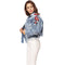 Women Denim Jacket Floral Embroidery Ripped Fringe Long Sleeve Casual Loose Jeans Coat Outerwear Blue