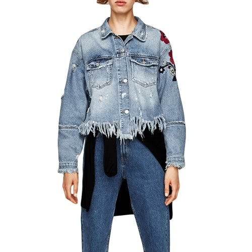 Women Denim Jacket Floral Embroidery Ripped Fringe Long Sleeve Casual Loose Jeans Coat Outerwear Blue