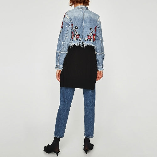 Women Denim Jacket Floral Embroidery Ripped Fringe Long Sleeve Casual Loose Jeans Coat Outerwear Blue