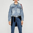 Women Denim Jacket Floral Embroidery Ripped Fringe Long Sleeve Casual Loose Jeans Coat Outerwear Blue