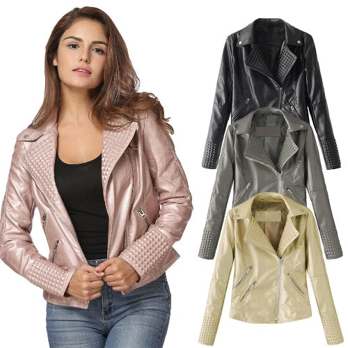 Fashion Women Autumn PU Leather Jacket Rivet Motorcycle Biker Zip Coat Faux Leather Street Jaqueta Outerwear