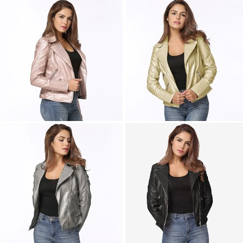 Fashion Women Autumn PU Leather Jacket Rivet Motorcycle Biker Zip Coat Faux Leather Street Jaqueta Outerwear