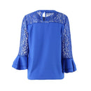 Women Chiffon Blouse Shirt Sheer Lace Cut Out O-Neck Ruffle Flare Sleeve Solid Casual Loose Top