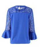 Women Chiffon Blouse Shirt Sheer Lace Cut Out O-Neck Ruffle Flare Sleeve Solid Casual Loose Top