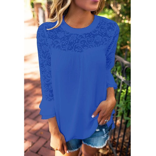 Women Chiffon Blouse Shirt Sheer Lace Cut Out O-Neck Ruffle Flare Sleeve Solid Casual Loose Top