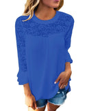 Women Chiffon Blouse Shirt Sheer Lace Cut Out O-Neck Ruffle Flare Sleeve Solid Casual Loose Top