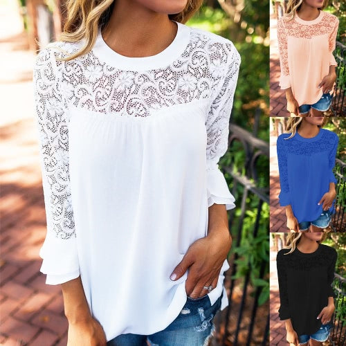 Women Chiffon Blouse Shirt Sheer Lace Cut Out O-Neck Ruffle Flare Sleeve Solid Casual Loose Top