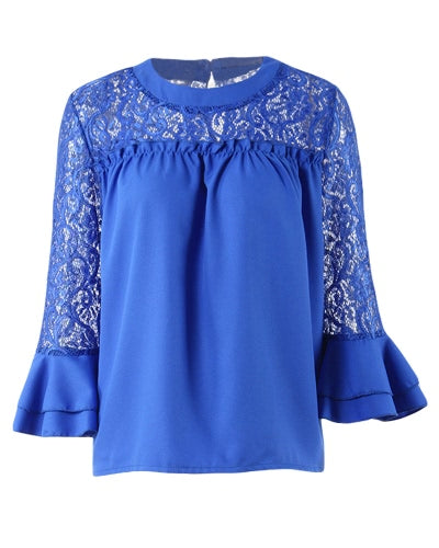 Women Chiffon Blouse Shirt Sheer Lace Cut Out O-Neck Ruffle Flare Sleeve Solid Casual Loose Top