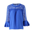 Women Chiffon Blouse Shirt Sheer Lace Cut Out O-Neck Ruffle Flare Sleeve Solid Casual Loose Top