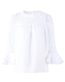 Women Chiffon Blouse Shirt Sheer Lace Cut Out O-Neck Ruffle Flare Sleeve Solid Casual Loose Top