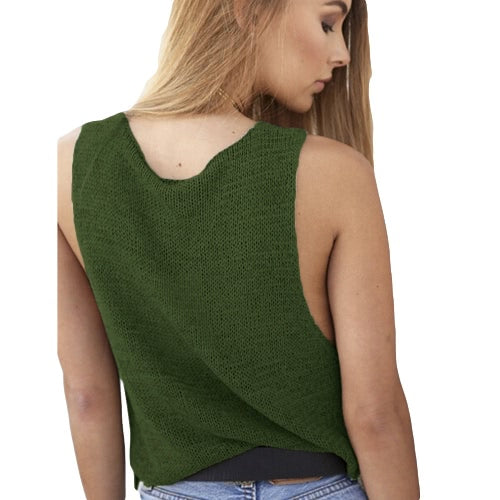 New Women Knitted Sweater Solid Color Round Neck Sleeveless Irregular Hem Mini Pullover Knitwear Grey/Army Green/Dark Blue